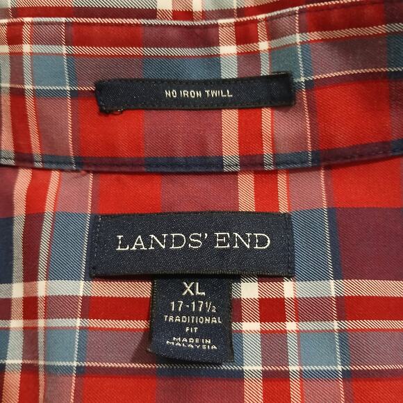 Lands' End XL Traditional Fit Red/Blue plaid Long-Sleeved Button-Down Shirt - Picture 2 of 12